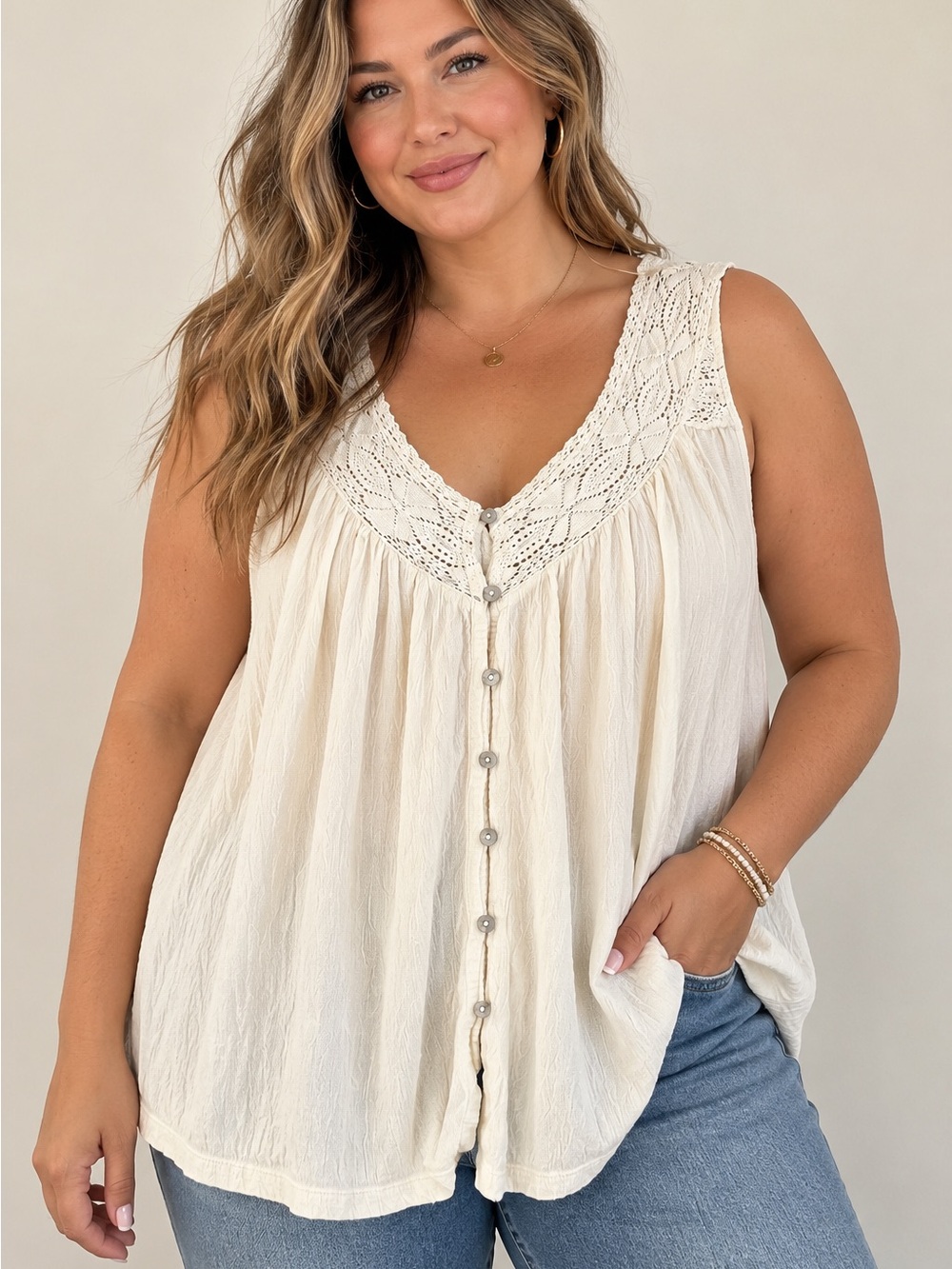 Lucky Brand XL Ivory Crochet Lace Button Front Babydoll Tank Top Coquette K94